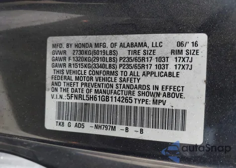 2016 Honda Odyssey Exl z USA, uszkodzony, nr VIN 5FNRL5H61GB114265